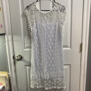 Women's Lace White W/Ivory Scoop Neck Cap Sleeve Crochet Dress. Size‎ M Wedding